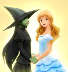  2girls :d bad_id bad_pixiv_id bare_shoulders black_hair blonde_hair colored_skin dress elphaba_thropp glinda good_witch_of_the_north gown green_eyes green_skin hat holding_hands long_hair multiple_girls open_mouth puffy_short_sleeves puffy_sleeves short_sleeves smile tsubu_(panda) very_long_hair wicked wicked_witch witch witch_hat yellow_eyes 