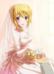  :d blonde_hair blush bouquet braid braided_bun breasts bridal_veil bride charlotte_dunois commentary_request dress earrings elbow_gloves female flower gloves hair_bun infinite_stratos jewelry kanna_asuke looking_at_viewer open_hand open_mouth out_of_frame pov pov_hands purple_eyes reaching single_hair_bun small_breasts smile solo_focus veil wedding_dress 