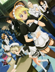  3boys 3girls absurdres ahoge alternate_costume alternate_hairstyle alvin_(butler)_(tales) alvin_(tales) blonde_hair bow brown_legwear bucket closed_eyes dutch_angle elize_lutus elize_lutus_(maid) garter_straps hair_ornament hair_up highres jude_mathis jude_mathis_(butler) kneehighs leia_rolando leia_rolando_(maid) maid maid_headdress milla_maxwell milla_maxwell_(maid) mop multicolored_hair multiple_boys multiple_girls official_alternate_costume official_art red_eyes rowen_j._ilbert rowen_j._ilbert_(butler) scan short_hair socks tales_of_(series) tales_of_xillia teepo_(tales) thighhighs ufotable white_legwear wrist_cuffs zettai_ryouiki 