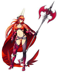  ankle_wings armor belt bikini_armor boots breasts cape demon_girl female full_body gloves horns huge_weapon knee_boots large_breasts navel nishii_(damnedrive) nitroplus official_art pointy_ears polearm purple_eyes red_hair revealing_clothes satan_(the_seven_deadly_sins) solo standing the_seven_deadly_sins thighhighs vambraces weapon wings 