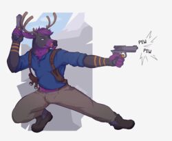  2016 anthro antlers athletic athletic_anthro athletic_male clothed clothing deer fur gun hair handgun horn huffpup male mammal pillarbox pistol ranged_weapon smile solo standing weapon 