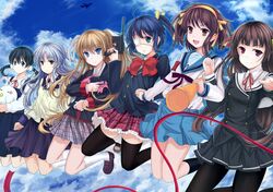  6+girls ahoge aircraft airplane angel_beats! bad_id bad_pixiv_id bird black_pantyhose black_socks black_thighhighs blue_eyes blue_hair blue_sailor_collar blue_skirt bow bowtie brown_hair chuunibyou_demo_koi_ga_shitai! cloud crossover dera_mochimazzui eyepatch gun hair_ribbon handgun himenokouji_akiko holding holding_hands icho_private_high_school_uniform jianren jumping kita_high_school_uniform kitashirakawa_tamako kyoto_animation little_busters! long_hair long_sleeves mauser_c96 medical_eyepatch megaphone multiple_girls onii-chan_dakedo_ai_sae_areba_kankeinai_yo_ne open_mouth pantyhose plaid plaid_skirt red_bow red_bowtie ribbon sailor_collar school_uniform serafuku shirt short_hair skirt sky smile socks suzumiya_haruhi suzumiya_haruhi_no_yuuutsu tachibana_kanade takanashi_rikka tamako_market thighhighs tokido_saya twintails weapon white_shirt white_socks winter_uniform zettai_ryouiki 