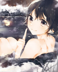  alternate_hair_length alternate_hairstyle bad_id bad_pixiv_id bathing black_hair blush closed_mouth female from_behind houshou_(kancolle) kantai_collection karomura knees_up looking_at_viewer looking_back nude onsen partially_submerged photoshop_(medium) purple_eyes rock short_hair sitting smile snow solo steam tareme water winter 