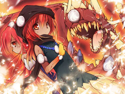  2girls bad_id bad_pixiv_id crystal dark-skinned_female dark_skin duel_monster itsutsuki jewelry laval_forest_sprite laval_lakeside_lady lavalval_dragon looking_at_viewer multiple_girls necklace red_eyes red_hair rock sharp_teeth teeth yu-gi-oh! 