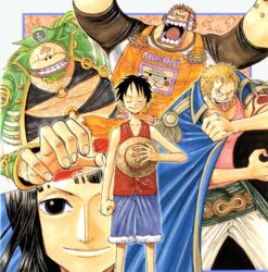  anime beard bellamy bellamy_the_hyena black_hair blonde_hair brown_eyes cape facial_hair female hat headphones jaya long_hair lowres masira monkey_d_luffy nico_robin oda_eiichiro oda_eiichirou official_art one_piece pink_shirt scar shirt shojo shojo_(one_piece) straw_hat tattoo volume_cover 