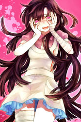  apron bandages bookcage commentary_request crazy_eyes danganronpa_(series) danganronpa_2:_goodbye_despair female hand_on_own_face hands_on_own_cheeks hands_on_own_face long_hair mole mole_under_eye open_mouth purple_hair skirt solo tsumiki_mikan yandere_trance 