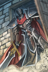  1boy alondite armor black_armor black_knight_(fire_emblem) cape commentary_request fire_emblem fire_emblem:_path_of_radiance fire_emblem:_radiant_dawn full_armor gauntlets gloves helmet izuka_daisuke knight male_focus pauldrons shoulder_armor solo sword weapon 