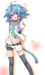  :d ahoge bad_id bad_pixiv_id belt bike_shorts black_thighhighs blue_hair buttons collar female kazami_ryouya midriff navel necktie oerba_yun_fang open_mouth original prelu red_eyes short_hair shorts simple_background smile solo tail thighhighs white_shorts wristband 