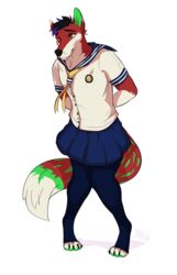  2016 anthro canid canine clothed clothing crossdressing digital_media_(artwork) femboy fur hair hands_behind_back huffpup male mammal school_uniform simple_background solo standing uniform white_background 