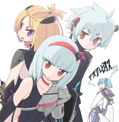  2boys 3girls ahoge asclepius_priest blonde_hair blue_hair brown_eyes commentary_request flip_flappers grey_hair highres looking_back mechanical_arms multiple_boys multiple_girls nomino nyunyu purple_eyes short_ponytail single_mechanical_arm sitting_on_shoulder smile tongue tongue_out toto_(flip_flappers) translated twintails yayaka yuyu_(flip_flappers) |_| 