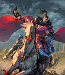  1boy animal armor black_hair blood cape cloud commentary_request facial_hair fur goatee holding horse horseback_riding kanki_(kingdom) kingdom_(series) long_hair looking_at_viewer male_focus manly moustache photoshop_(medium) riding severed_head sheath sheathed sword weapon yona_(edenkasuga) 