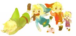  4boys bad_id bad_pixiv_id black_eyes blonde_hair company_connection crossover kirby kirby_(series) link male_focus multiple_boys multiple_persona pointy_ears smile tetsu_(teppei) the_legend_of_zelda the_legend_of_zelda:_four_swords toon_link 