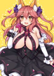  animal_ear_fluff animal_ears areola_slip breasts brown_eyes commentary_request cosplay dress elizabeth_bathory_(fate) elizabeth_bathory_(fate/extra_ccc) elizabeth_bathory_(fate/extra_ccc)_(cosplay) elizabeth_bathory_(first_ascension)_(fate) elizabeth_bathory_(first_ascension)_(fate)_(cosplay) fate/extra fate/extra_ccc fate_(series) female fox_ears heart large_breasts long_hair open_mouth osiimi partial_commentary pink_hair simple_background solo tamamo_(fate) tamamo_no_mae_(fate/extra) yellow_background 