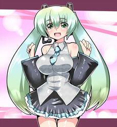  breasts commentary_request detached_sleeves female futaba_suetsuki green_eyes green_hair hatsune_miku headset large_breasts long_hair necktie open_mouth skirt solo twintails very_long_hair vocaloid 