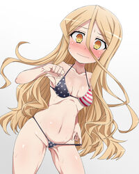  amami_shisen american_flag american_flag_bikini american_flag_print armpits bikini bikini_top_lift blonde_hair blush breasts clenched_hand clothes_lift commentary_request cowboy_shot dutch_angle embarrassed female flag_print gradient_background groin hair_between_eyes kounosu_satori lifting_own_clothes long_hair looking_at_viewer micro_bikini navel nose_blush print_bikini skindentation small_breasts solo standing star_(symbol) star_print starmine_(manga) strap striped sweat swimsuit very_long_hair wavy_mouth white_background wide-eyed yellow_eyes 