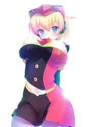  blonde_hair blue_eyes blush breasts chestnut_mouth commentary_request concrete_revolutio covered_nipples cowboy_shot earth-chan_(concrete_revolutio) female fumitsuki_kyou goggles goggles_on_head headphones large_breasts looking_at_viewer navel open_mouth pantyhose photoshop_(medium) shorts skindentation solo star-shaped_pupils star_(symbol) symbol-shaped_pupils 