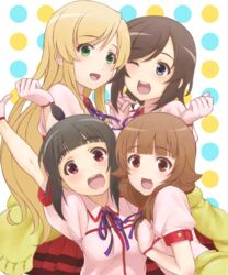  4girls blonde_hair brown_hair futsuu_no_joshikousei_ga_locodol_yattemita green_eyes kohinata_yukari long_hair mikoze_yui multiple_girls nazukari_mirai one_eye_closed open_mouth purple_eyes red_eyes short_hair skirt smile tsukiyo_umi usami_nanako 