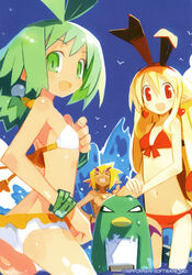  &gt;_&lt; 1boy 2girls :d akutare_(disgaea) angry antenna_hair ass back bikini bird blonde_hair blue_sky blush bracelet clenched_hand closed_eyes cloud company_name day demon_boy disgaea earrings fallen_angel flat_chest flonne flonne_(fallen_angel) frilled_bikini frills from_side front-tie_bikini_top front-tie_top green_eyes green_hair hair_between_eyes hair_ribbon hair_tie hairband hand_on_another&#039;s_head hand_on_own_hip happy harada_takehito heart heart_earrings jewelry kurtis_(disgaea) long_hair looking_at_viewer looking_back low_ponytail marona_(phantom_brave) multiple_girls navel nippon_ichi no_pupils oerba_yun_fang official_art open_mouth outdoors own_hands_together penguin phantom_brave photoshop_(medium) pointy_ears ponytail pouch prinny red_bikini red_eyes ribbon seagull short_hair sidelocks skinny sky slit_pupils smile spiked_hair standing stitches swimsuit thick_eyebrows thumbs_up topless_male very_long_hair wading water waves white_bikini wings 