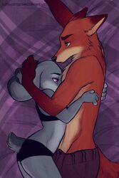  2016 2:3 4_fingers anthro bed bra canid canine clothed clothing disney duo female fingers fox fur furniture green_eyes hi_res hug judy_hopps lagomorph leporid lying male mammal nick_wilde on_side panties purple_eyes rabbit red_fox samaella spintherella topless true_fox underwear zootopia 