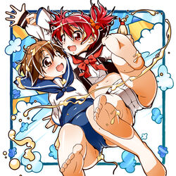  2girls ao_yasai barefoot bottle brown_eyes brown_hair commentary_request creator_connection crossover isshiki_akane mayonnaise miyafuji_yoshika multiple_girls national_shin_ooshima_school_uniform red_eyes red_hair sailor school_swimsuit school_uniform serasuku short_hair short_shorts shorts strike_witches swimsuit swimsuit_under_clothes vividred_operation world_witches_series 