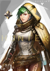  badcompzero belt breasts character_name cloak commentary copyright_name destiny_(game) female ghost_(destiny) green_hair gun helmet highres hunter_(destiny) large_breasts red_eyes short_hair signature unworn_headwear unworn_helmet weapon 