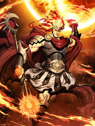  1boy armor cape commentary crown english_commentary fiery_hair fingerless_gloves fire genzoman gloves glowing glowing_eyes greek_mythology helios_(mitos_y_leyendas) helios_(mythology) magic magic_circle male_focus mitos_y_leyendas muscular photoshop_(medium) red_cape shoulder_pads signature solo sparks spikes staff sun vambraces 