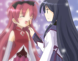  2girls :d akemi_homura akemi_homura_(magical_girl) clannad closed_eyes commentary_request elbow_gloves food gloves hair_ribbon happy_state kitagawa_mikio long_hair magical_girl mahou_shoujo_madoka_magica mahou_shoujo_madoka_magica_(anime) multiple_girls nonaka_ai open_mouth parody pocky ponytail red_hair ribbon sakura_kyoko sakura_kyoko_(magical_girl) smile sparkle up_nose voice_actor_connection |_| 