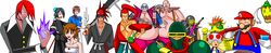  abarai_renji bleach bowser chris earthquake hattori_hanzo highres hinamori_momo hokuto_no_ken jagi kibagami_genjuro long_image mario mario_(game) mr_heart samurai_spirits spoo toad_(mario) wide_image yagami_iori 