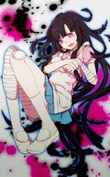  apron bandages bookcage commentary_request danganronpa_(series) danganronpa_2:_goodbye_despair female long_hair open_mouth purple_eyes purple_hair skirt solo tsumiki_mikan 