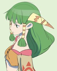  breasts commentary feena_(grandia) female flat_color grandia grandia_i green_eyes green_hair hair_ornament hair_tubes kurita_shin&#039;ichi long_hair small_breasts solo 