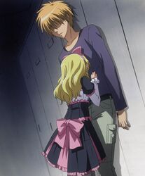  2boys blonde_hair bow crossdressing drill_hair frills hairbow highres hyoudou_aoi kaichou_wa_maid-sama! male male_focus multiple_boys shirt_tug stitched trap usui_takumi wig 