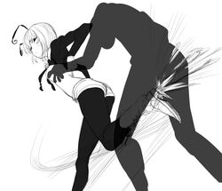  1boy aged_up alternate_costume antennae ass ball_busting bondage boots breasts cbt commentary_request crotch_kick female greyscale kicking leaning_forward leg_up long_sleeves looking_back monochrome pantyhose pantyhose_under_shorts short_hair short_shorts shorts simple_background spacezin speed_lines touhou wriggle_nightbug 