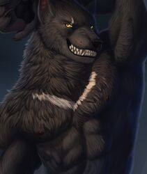  2017 abs anthro black_body black_claws black_fur black_paws canid canine canis claws detailed detailed_fur digital_media_(artwork) eye_scar facial_scar fangs fur grey_background hand_behind_head hi_res male mammal marsel-defender muscular muscular_anthro muscular_male nipples pecs raised_arm scar seductive sharp_teeth silver_fang simple_background smile snarling solo teeth white_body white_fur wolf yellow_eyes 