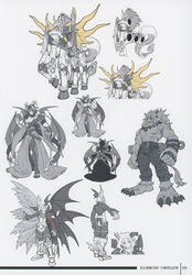  angel_wings armor arrow artbook bandai bow claws demon_girls digimon digimon_story:_cyber_sleuth dress female female full_armor full_body horns leomon lilithmon lucemon lucemon_falldown_mode monochrome monster multiple_boys muscle no_humans royal_knights scan serious seven_great_demon_lords short_hair simple_background smile solo standing succubus tail 