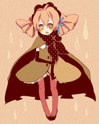  :o brown_eyes cape charlotte_(madoka_magica) commentary_request dress elbow_gloves female gloves grey_eyes hair_ribbon hairband heterochromia mahou_shoujo_madoka_magica mahou_shoujo_madoka_magica_(anime) mata multicolored_eyes pantyhose personification pink_hair red_pantyhose ribbon shoes short_hair short_twintails solo twintails 