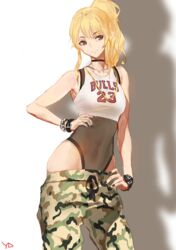  arm_belt armpits bare_shoulders black_nails black_ribbon blonde_hair blush bodysuit brown_eyes camouflage camouflage_pants chicago_bulls choker clothes_pull clothes_writing collarbone commentary_request contrapposto cosplay covered_navel female fishnet_bodysuit fishnets hip_focus jewelry k-pop korean_commentary leotard leotard_under_clothes long_hair looking_to_the_side michael_jordan michael_jordan_(cosplay) midriff momo_(twice) nail_polish national_basketball_association necklace pants pants_pull pendant ponytail real_life ribbon signature silhouette simple_background skin_tight smirk solo standing twice_(group) white_background wristband yd_(orange_maru) 