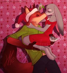  2016 anthro canid canine carrying_another christmas christmas_clothing christmas_headwear closed_eyes clothing disney dress duo female flat_chested fox hat headgear headwear hi_res holidays holly_(plant) judy_hopps kiss_on_lips kissing kissing_bough lagomorph leporid male male/female mammal merry_christmas nick_wilde plant rabbit red_fox samaella santa_hat true_fox zootopia 