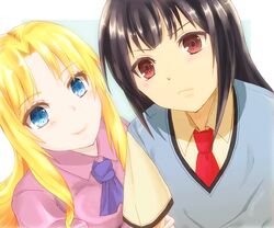  1boy akasaka_ryuunosuke bad_id bad_pixiv_id black_hair blonde_hair blue_eyes commentary_request female highres hutapo long_hair looking_at_viewer necktie red_eyes rita_ainsworth sakura-sou_no_pet_na_kanojo school_uniform sweater_vest 