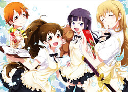  4girls apron bad_id bad_pixiv_id black_legwear breasts brown_eyes brown_hair copyright_name daisy_(working!!) hime_cut inami_mahiru long_hair medium_breasts multiple_girls open_mouth orange_hair photoshop_(medium) playback ponytail purple_hair short_hair skirt small_breasts stuffed_animal stuffed_toy sword taneshima_popura teddy_bear thighhighs todoroki_yachiyo waitress weapon working!! yamada_aoi zettai_ryouiki 