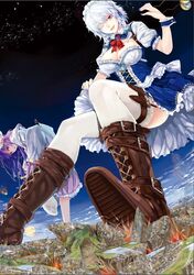  4girls boots breasts cleavage damaged destruction giant giantess hong_meiling izayoi_sakuya knife koakuma large_breasts maid maid_headdress multiple_girls patchouli_knowledge pocket_watch purple_hair red_eyes sonnano thighhighs touhou watch wrist_cuffs 