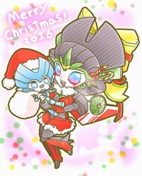  2girls autobots bag blue_eyes breasts chibi christmas chromia gift hat mecha_girl multiple_girls ribbon santa_hat skirt transformers umetarou_(jack_sgt) windblade_(transformers) wings 