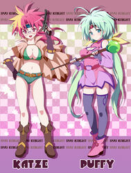  2girls aqua_hair bad_id bad_pixiv_id bare_shoulders bikini bikini_top_only blonde_hair blue_eyes blush boots breasts character_name checkered_background circlet cleavage cleavage_cutout cloak clothing_cutout collarbone covered_navel denim denim_shorts endou_masatoshi fingerless_gloves glasses gloves gun hand_on_own_hip handgun haou_taikei_ryuu_knight headband katze large_breasts long_hair micro_shorts midriff multicolored_hair multiple_girls navel open_mouth paffy_pafuricia photoshop_(medium) pointy_ears red_eyes red_hair revolver round_eyewear shorts staff swimsuit thighhighs twintails two-tone_hair very_long_hair weapon 