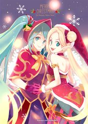  2girls :d aa2233a alternate_costume alternate_hair_color ambitious_elf_jinx aqua_hair bell blonde_hair blue_eyes capelet chinese_commentary choker commentary_request english_text gloves hair_bun hat holding_hands jinx_(league_of_legends) league_of_legends long_hair looking_at_viewer merry_christmas multiple_girls open_mouth pointy_ears red_choker red_gloves santa_costume santa_hat silent_night_sona single_hair_bun smile snowflakes sona_(league_of_legends) standing twintails watermark web_address 