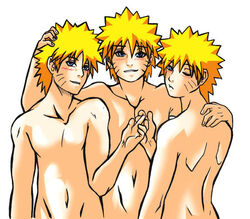  3boys blonde_hair blue_eyes blush clone clones male multiple_boys naruto topless uzumaki_naruto 