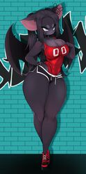  2019 absurd_res alternate_version_at_source anthro back_wings bat bat_wings big_breasts black_hair blue_eyes bottomwear breasts brick_wall choker cleavage clothed clothing curvy_figure detailed dolphin_shorts female full-length_portrait graffiti hair hi_res highleg jewelry leotard leotard_under_clothing leotard_under_shorts long_hair mammal membrane_(anatomy) membranous_wings necklace niucniuc one-piece_swimsuit pink_nose portrait shorts small_mouth small_nose solo standing swimwear thick_thighs tiny_mouth voluptuous wall_(structure) wide_hips wings 