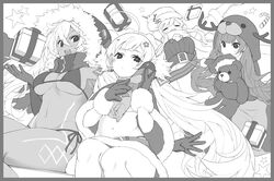  4girls :d ahoge animal_costume armpits arms_up azur_lane bad_id bad_pixiv_id bare_shoulders belt bikini black_bikini black_ribbon blunt_bangs blush bodypaint border box breasts capelet christmas cleavage closed_eyes coat commentary_request crossed_bangs dark-skinned_female dark_skin earmuffs eldridge_(azur_lane) eldridge_(holy_night&#039;s_embrace)_(azur_lane) enterprise_(azur_lane) enterprise_(reindeer_master)_(azur_lane) facepaint facial_mark fur-trimmed_capelet fur-trimmed_gloves fur_hat fur_trim gift gift_box gloves greyscale groin hair_between_eyes hair_ornament hair_ribbon hairclip hat highres holding holding_torpedo honolulu_(azur_lane) honolulu_(manjuu_mischief)_(azur_lane) hood hood_up hugging_doll hugging_object large_breasts long_hair looking_at_viewer medium_breasts midriff minneapolis_(azur_lane) minneapolis_(holy_night_ride)_(azur_lane) monochrome multiple_girls navel official_alternate_costume open_mouth panties piwka reindeer_costume revealing_clothes ribbon santa_costume scarf side-tie_bikini_bottom sidelocks sitting skirt small_breasts smile snowman_hair_ornament standing stomach stuffed_animal stuffed_toy swimsuit teddy_bear torpedo twintails underboob underwear ushanka very_long_hair white_background white_scarf winter_clothes winter_coat 