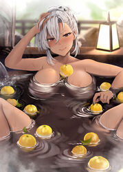  arm_support bathing black_nails blurry blurry_background blush breasts commentary completely_nude dark-skinned_female dark_skin female food fruit fruit_on_liquid hand_on_own_head highres jewelry kantai_collection lamp large_breasts musashi_(kancolle) musashi_kai_ni_(kancolle) navel nude object_on_breast onsen orange_(fruit) partially_submerged reclining red_eyes ring smile solo spread_legs steam wedding_ring white_hair yunamaro yuzu_(fruit) yuzu_bath 