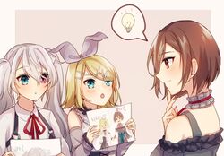  25-ji_meiko 25-ji_miku 25-ji_nightcord_de._(project_sekai) 25-ji_rin aqua_eyes aryuma772 blonde_hair bow brown_eyes brown_hair commentary drawing_(object) finger_to_own_chin grey_bow grey_hair hair_ornament hairbow hairclip hatsune_miku heterochromia holding holding_drawing holding_paper kagamine_rin light_bulb long_hair meiko_(vocaloid) multiple_girls nail_polish paper pink_eyes project_sekai red_nails shirt short_hair spoken_light_bulb swept_bangs thinking twintails very_long_hair vocaloid white_shirt 