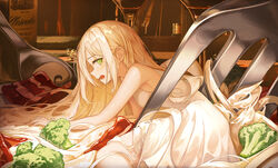  @_@ bacon bare_arms bare_shoulders blonde_hair bottle breasts broccoli commentary_request cup dress drinking_glass female food fork green_eyes h2o_(dfo) highres in_food long_hair lying mini_person minigirl on_side original pasta personification sleeveless sleeveless_dress small_breasts solo spoon very_long_hair white_dress wine_bottle wine_glass 