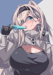  animal_ears arknights aurora_(arknights) bear_ears black_gloves black_hairband black_shirt blue_background blue_eyes blush breasts commentary female food gloves grey_background grey_hair hairband hand_up highres holding holding_food large_breasts long_hair looking_at_viewer open_mouth popsicle sajimaririri shirt shrug_(clothing) solo two-tone_background upper_body 